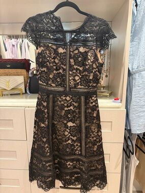 White House Black Market Black Lace Midi Dress with Nude Underlay